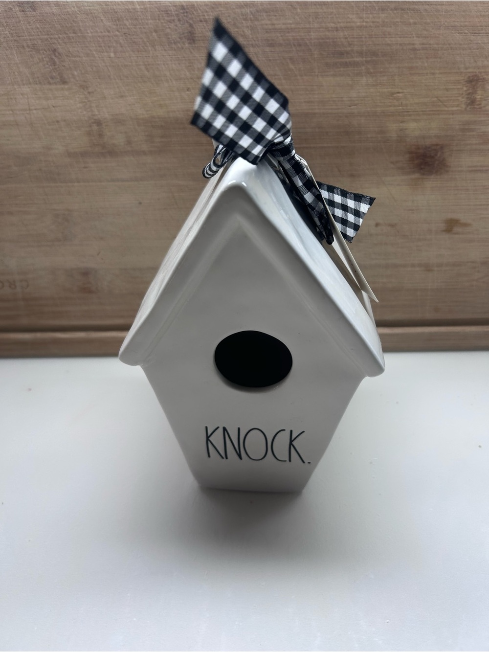 Rae Dunn White Ceramic 'KNOCK.' Birdhouse with Black Accents
